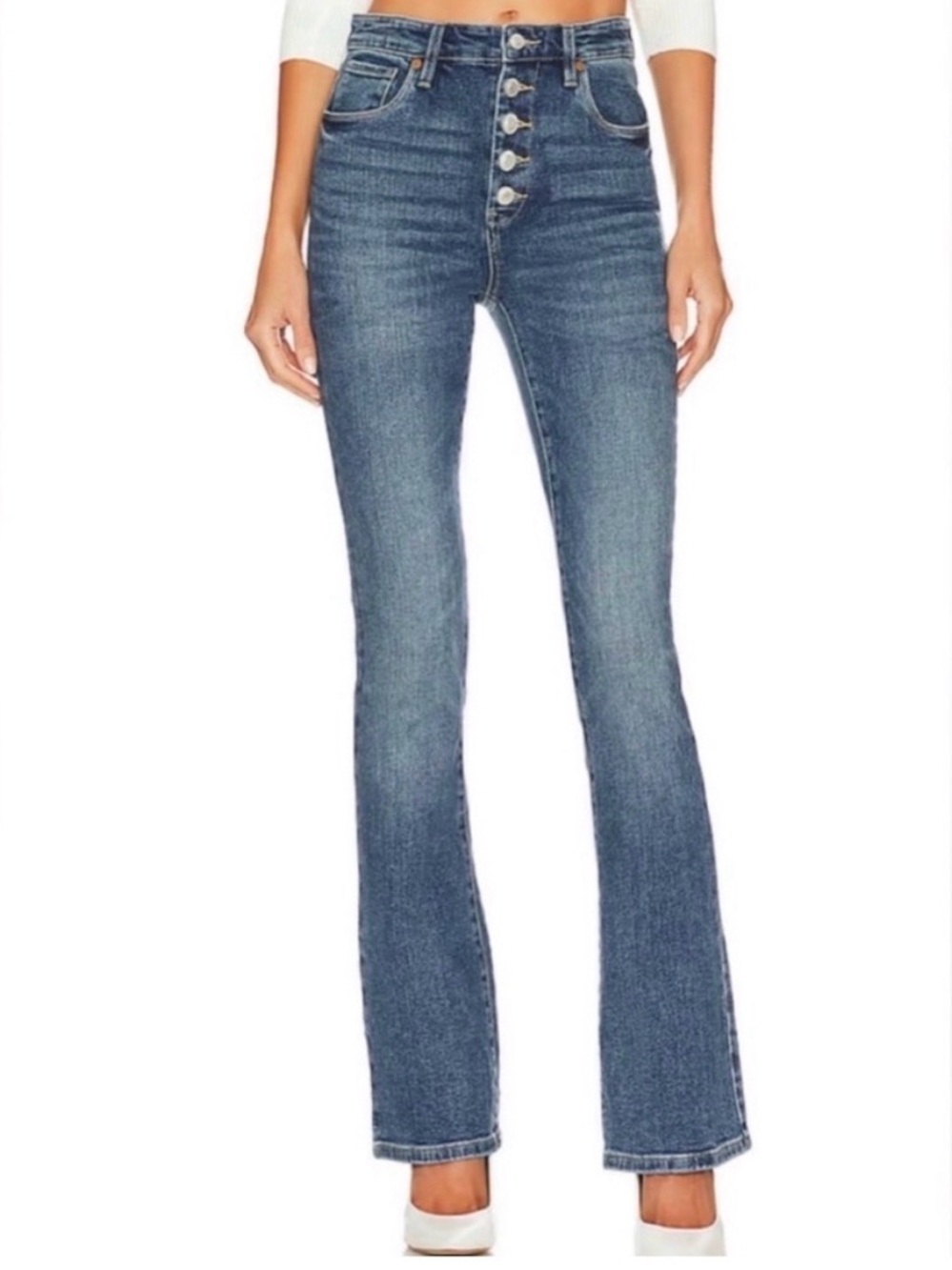 BLANK NYY the Hoyt high rise mini flare jeans size 28 boho festival blue denim